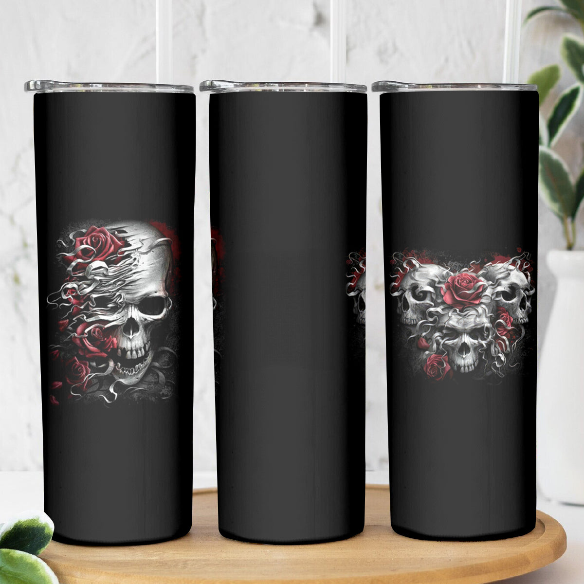 Skull Skinny Tumbler Three Skull No See Evil Rose