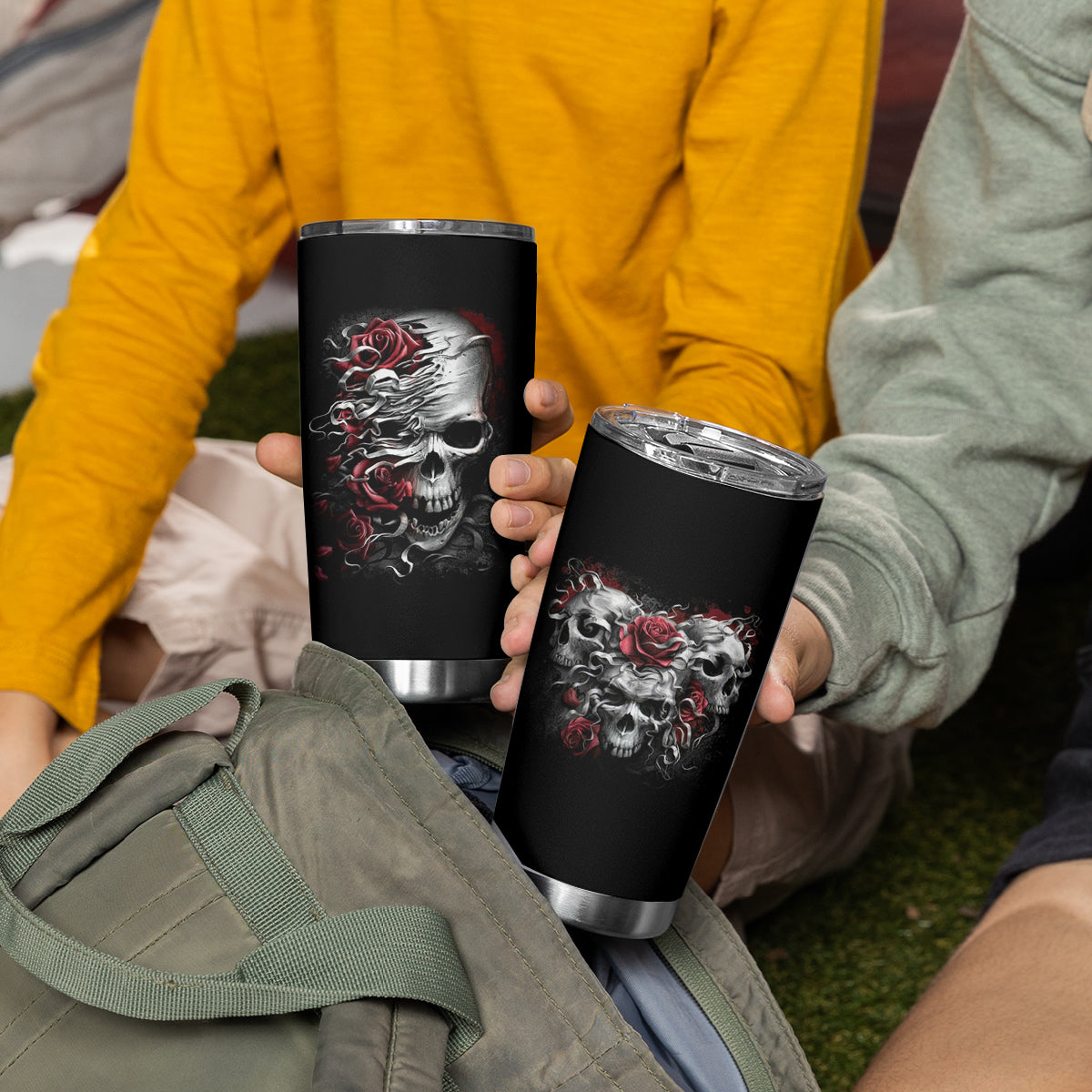 Skull Tumbler Cup Three Skull No See Evil Rose