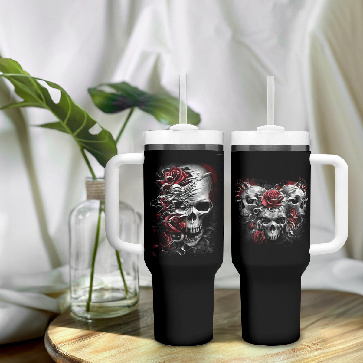 Skull Tumbler With Handle Three Skull No See Evil Rose