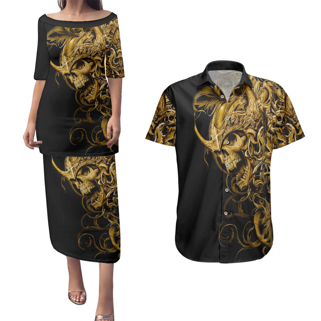 skull-couples-matching-puletasi-dress-and-hawaiian-shirt-golden-warrior-royal