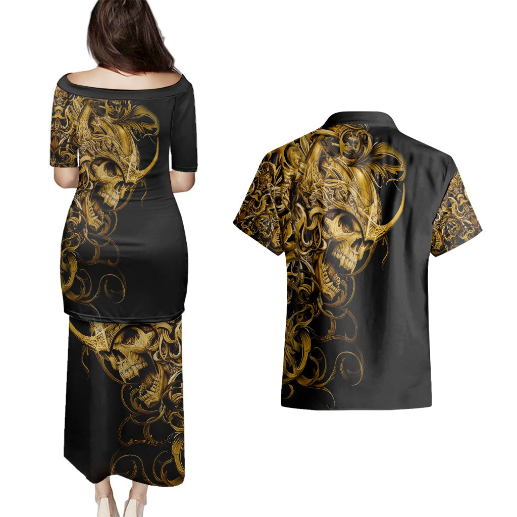 skull-couples-matching-puletasi-dress-and-hawaiian-shirt-golden-warrior-royal
