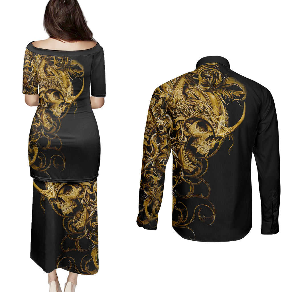 skull-couples-matching-puletasi-dress-and-long-sleeve-button-shirts-golden-warrior-royal