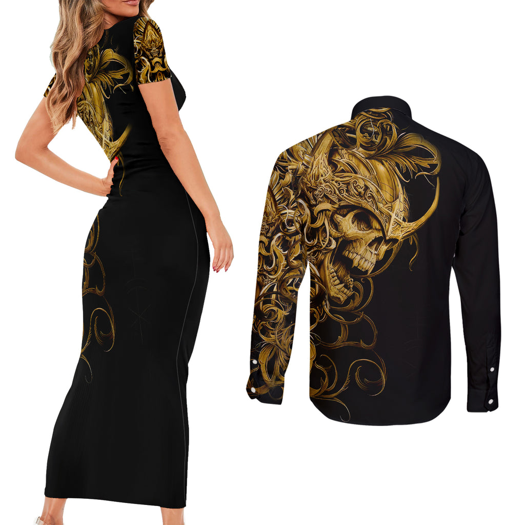 skull-couples-matching-short-sleeve-bodycon-dress-and-long-sleeve-button-shirts-golden-warrior-royal