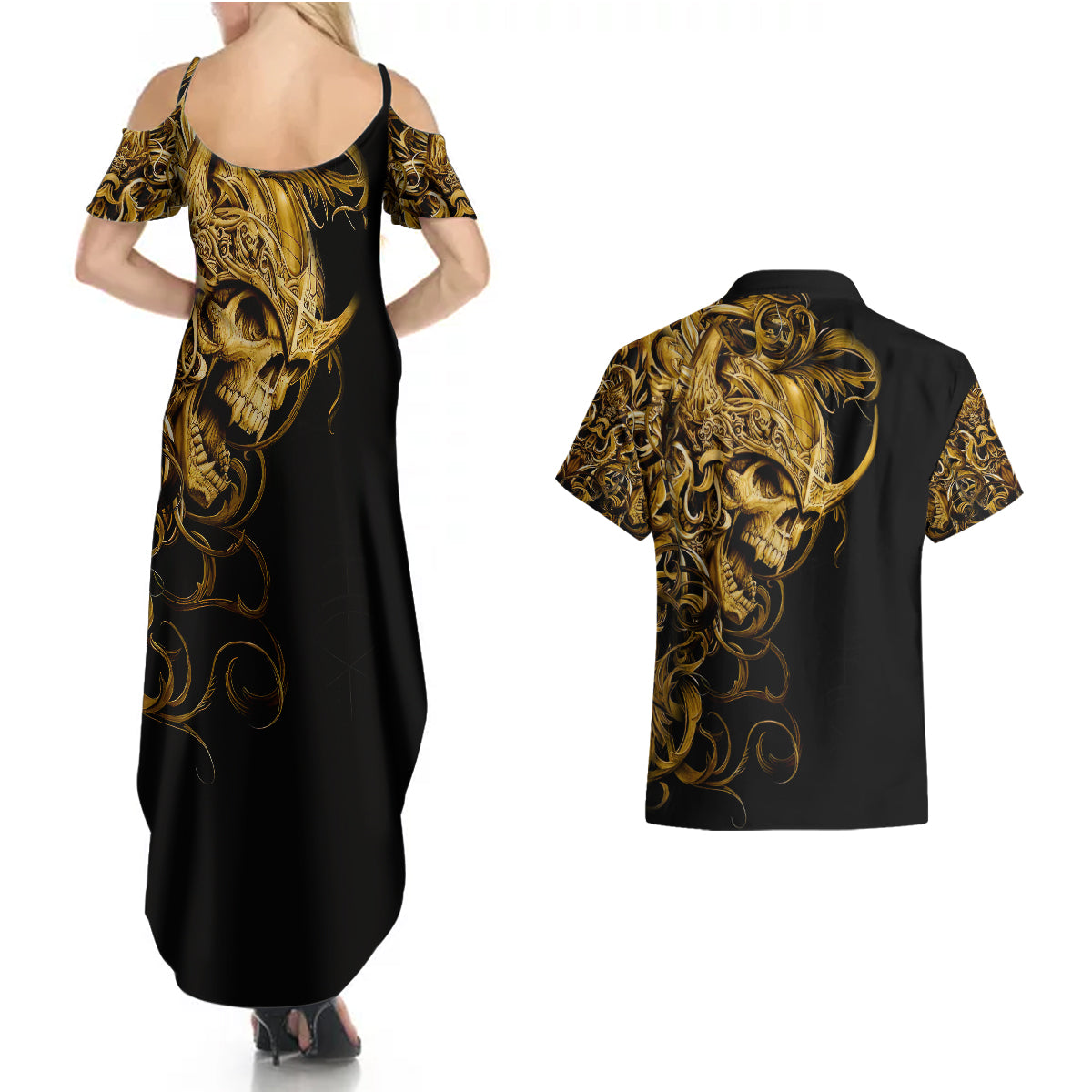 skull-couples-matching-summer-maxi-dress-and-hawaiian-shirt-golden-warrior-royal