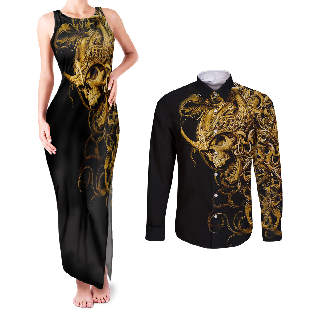 skull-couples-matching-tank-maxi-dress-and-long-sleeve-button-shirts-golden-warrior-royal