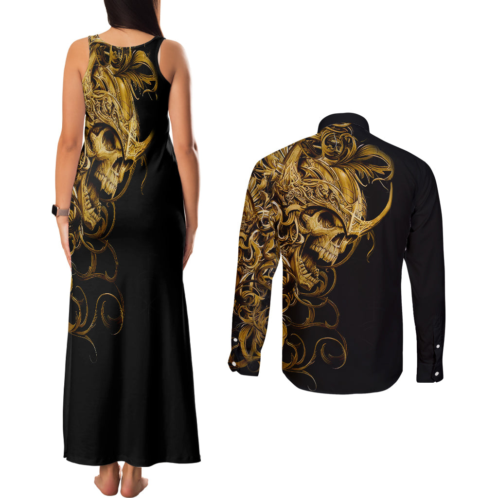 skull-couples-matching-tank-maxi-dress-and-long-sleeve-button-shirts-golden-warrior-royal