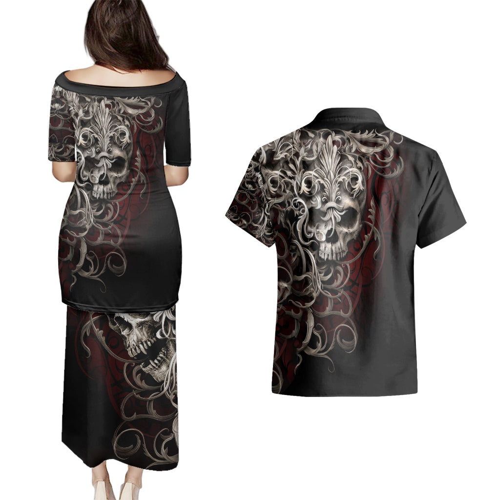 skull-couples-matching-puletasi-dress-and-hawaiian-shirt-silver-warrior-royal