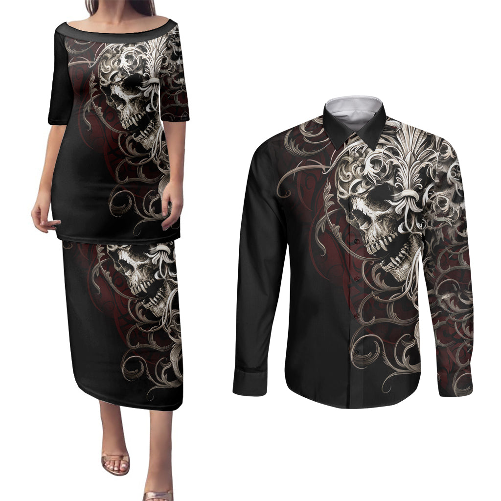 skull-couples-matching-puletasi-dress-and-long-sleeve-button-shirts-silver-warrior-royal