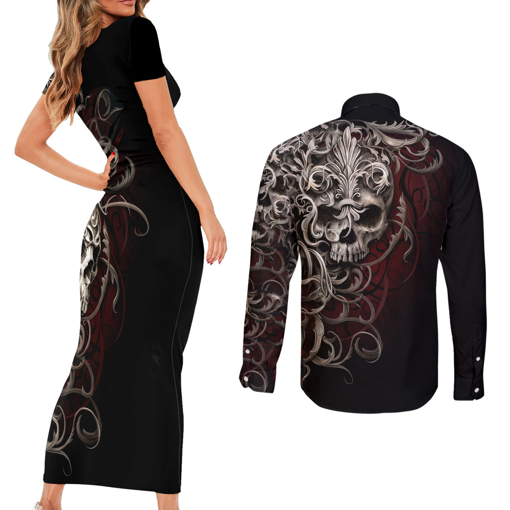 skull-couples-matching-short-sleeve-bodycon-dress-and-long-sleeve-button-shirts-silver-warrior-royal