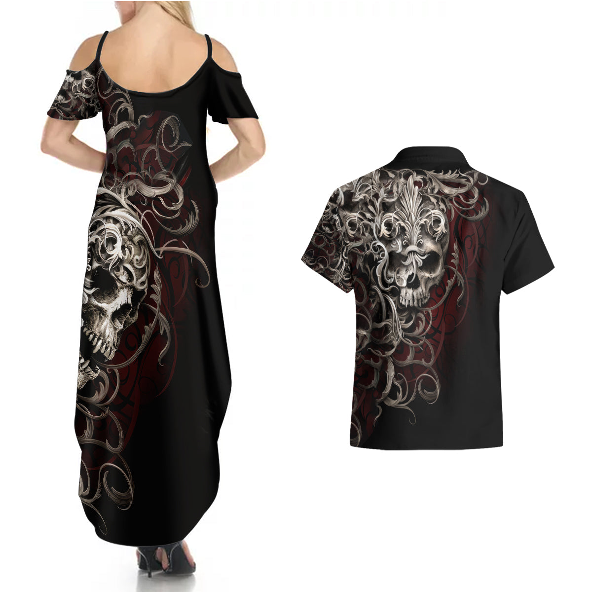 skull-couples-matching-summer-maxi-dress-and-hawaiian-shirt-silver-warrior-royal