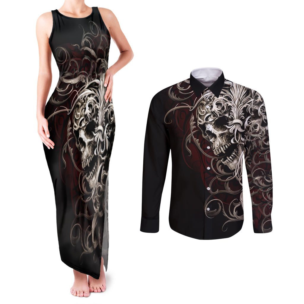 skull-couples-matching-tank-maxi-dress-and-long-sleeve-button-shirts-silver-warrior-royal