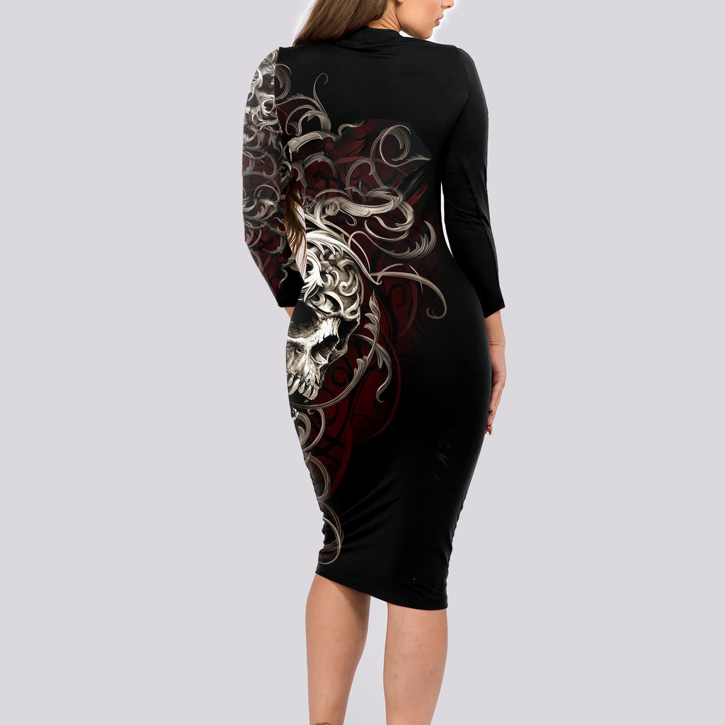 skull-long-sleeve-bodycon-dress-silver-warrior-royal