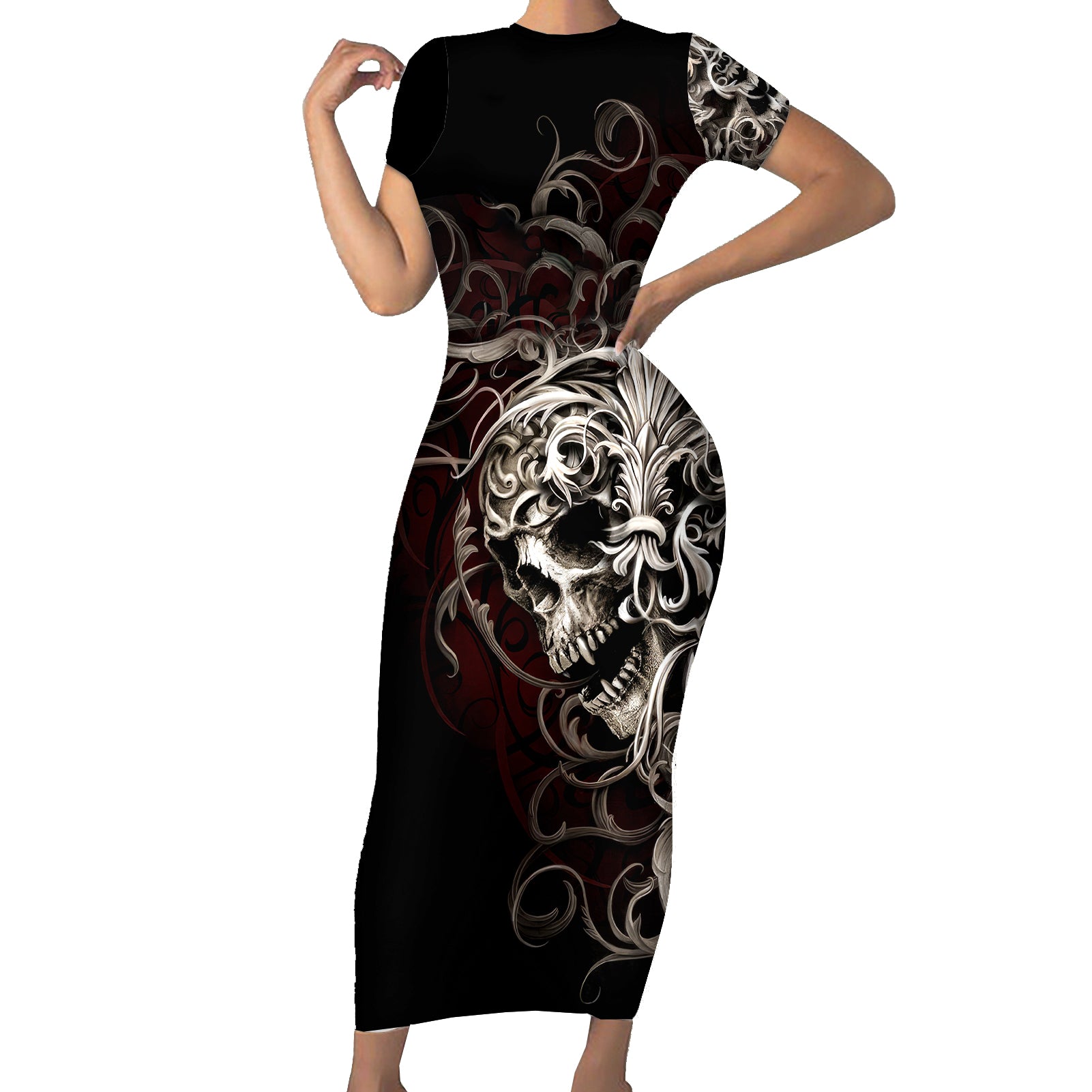 skull-short-sleeve-bodycon-dress-silver-warrior-royal