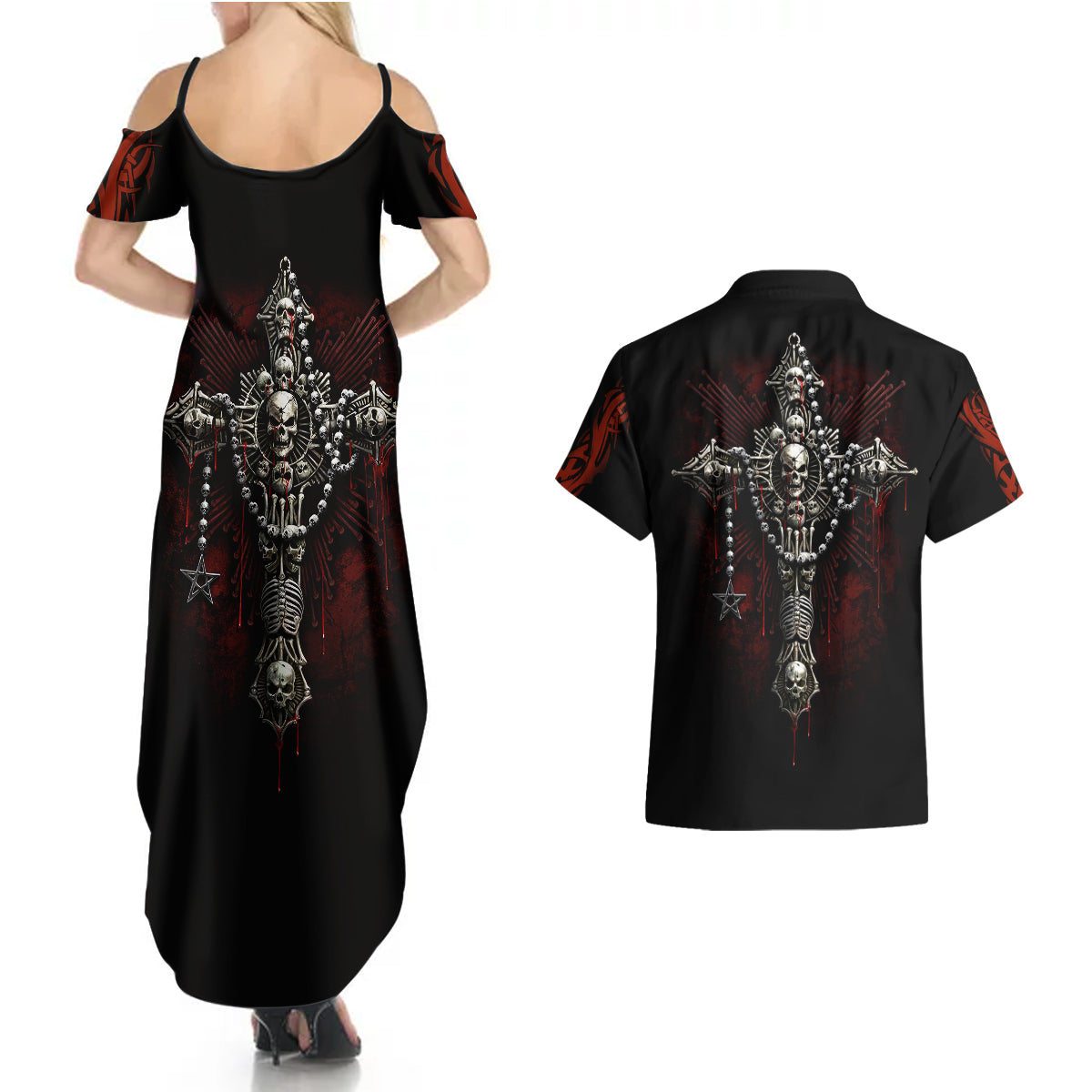 skull-couples-matching-summer-maxi-dress-and-hawaiian-shirt-head-skeleton-cross-skull