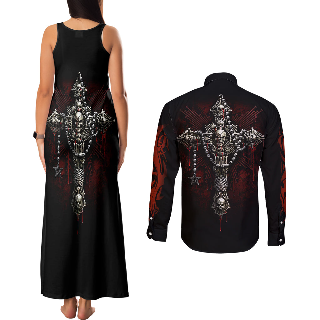 skull-couples-matching-tank-maxi-dress-and-long-sleeve-button-shirts-head-skeleton-cross-skull