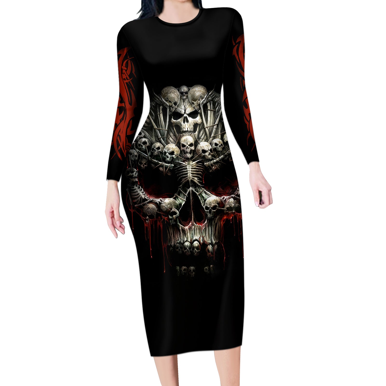 skull-long-sleeve-bodycon-dress-head-skeleton-cross-skull