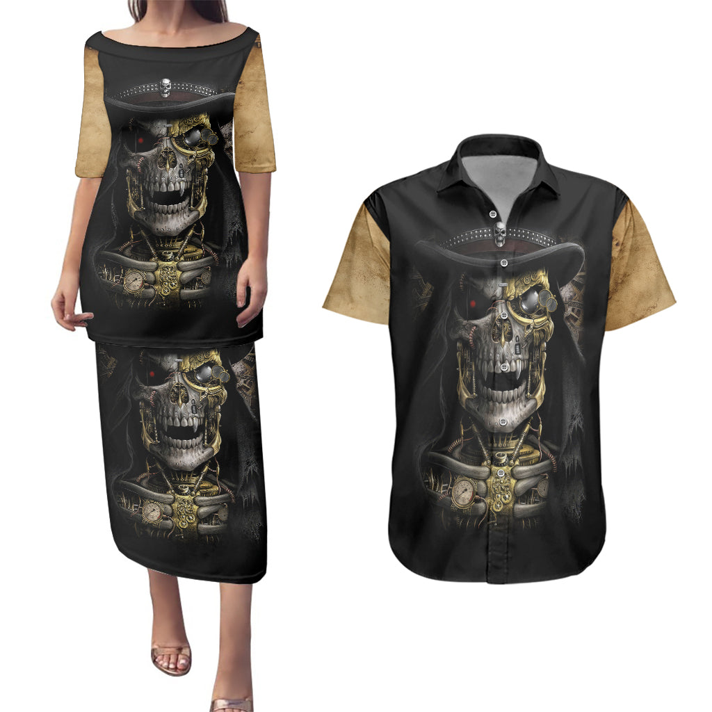 skull-couples-matching-puletasi-dress-and-hawaiian-shirt-golden-skull-steampunk