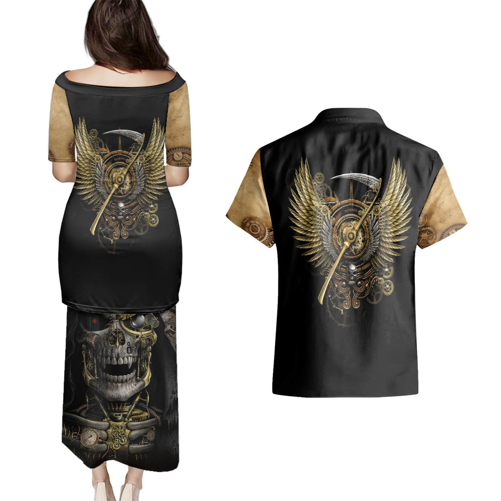 skull-couples-matching-puletasi-dress-and-hawaiian-shirt-golden-skull-steampunk