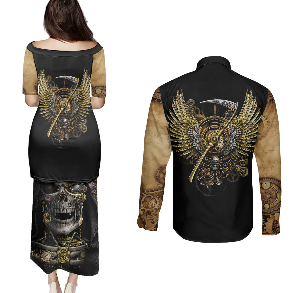 skull-couples-matching-puletasi-dress-and-long-sleeve-button-shirts-golden-skull-steampunk