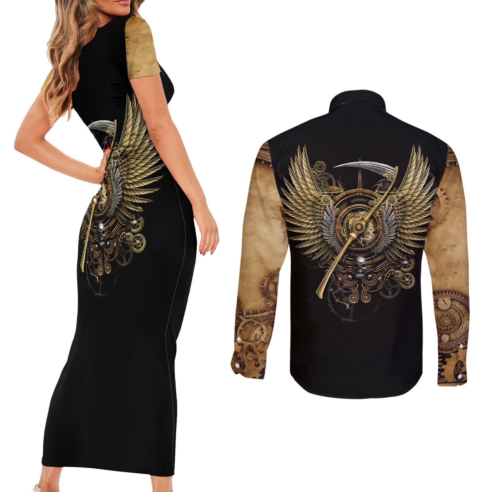 skull-couples-matching-short-sleeve-bodycon-dress-and-long-sleeve-button-shirts-golden-skull-steampunk