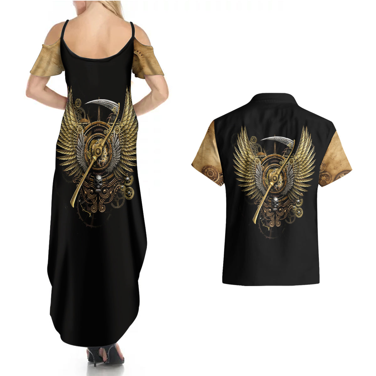 skull-couples-matching-summer-maxi-dress-and-hawaiian-shirt-golden-skull-steampunk