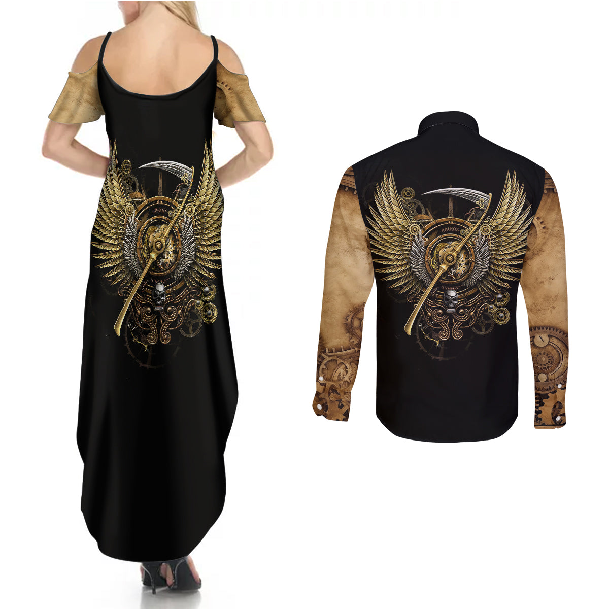 skull-couples-matching-summer-maxi-dress-and-long-sleeve-button-shirts-golden-skull-steampunk