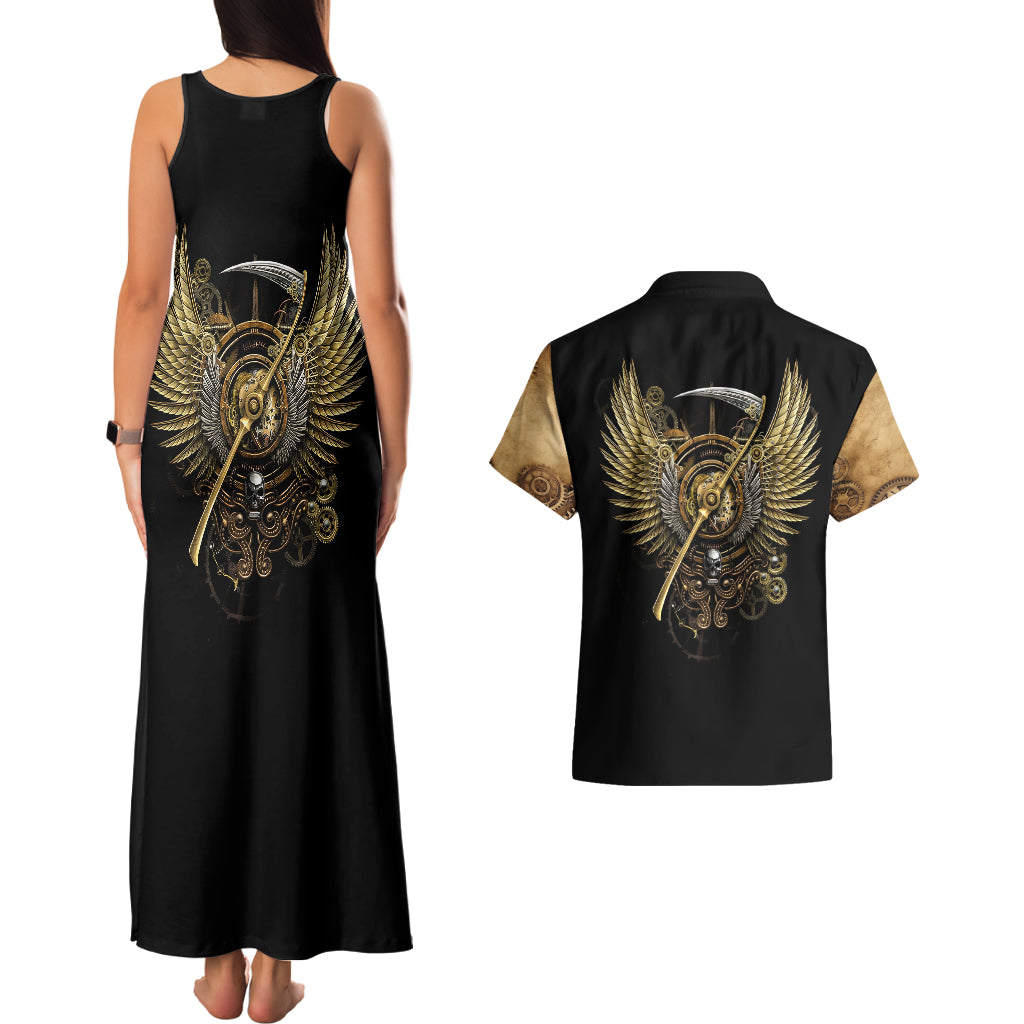 skull-couples-matching-tank-maxi-dress-and-hawaiian-shirt-golden-skull-steampunk