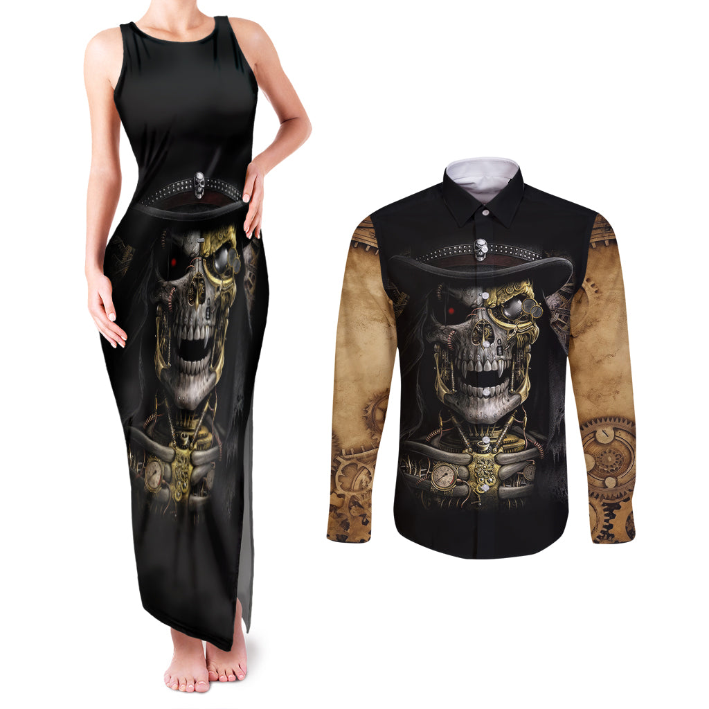 skull-couples-matching-tank-maxi-dress-and-long-sleeve-button-shirts-golden-skull-steampunk