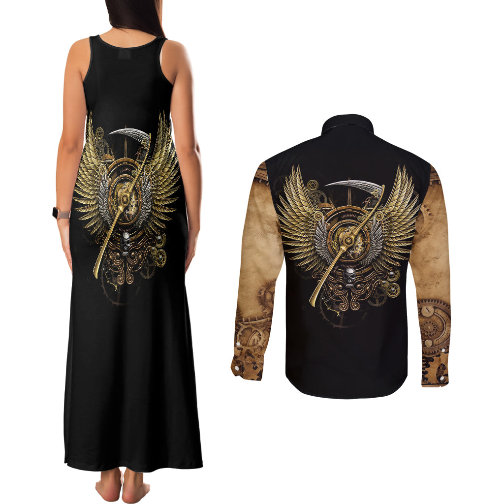 skull-couples-matching-tank-maxi-dress-and-long-sleeve-button-shirts-golden-skull-steampunk