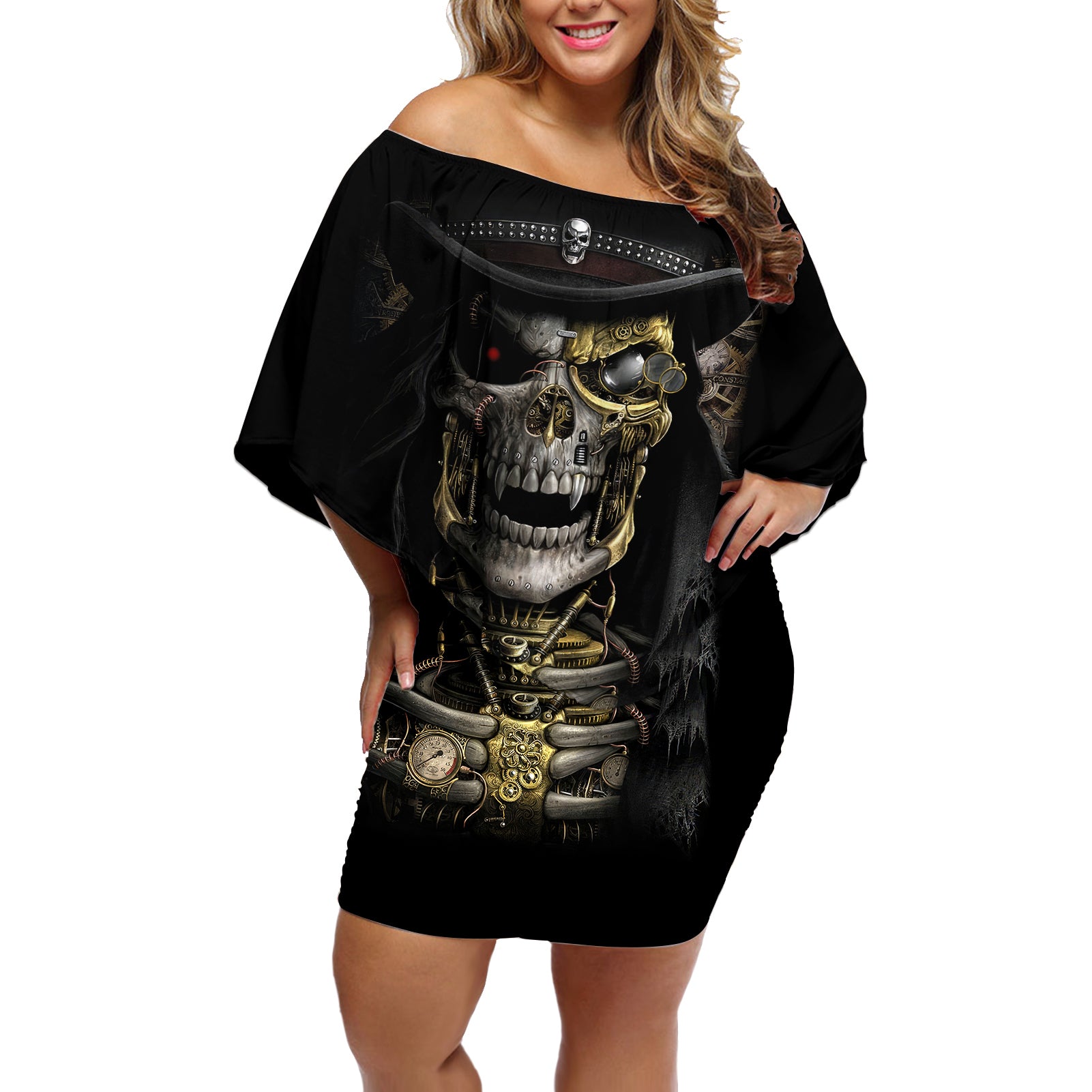 skull-off-shoulder-short-dress-golden-skull-steampunk