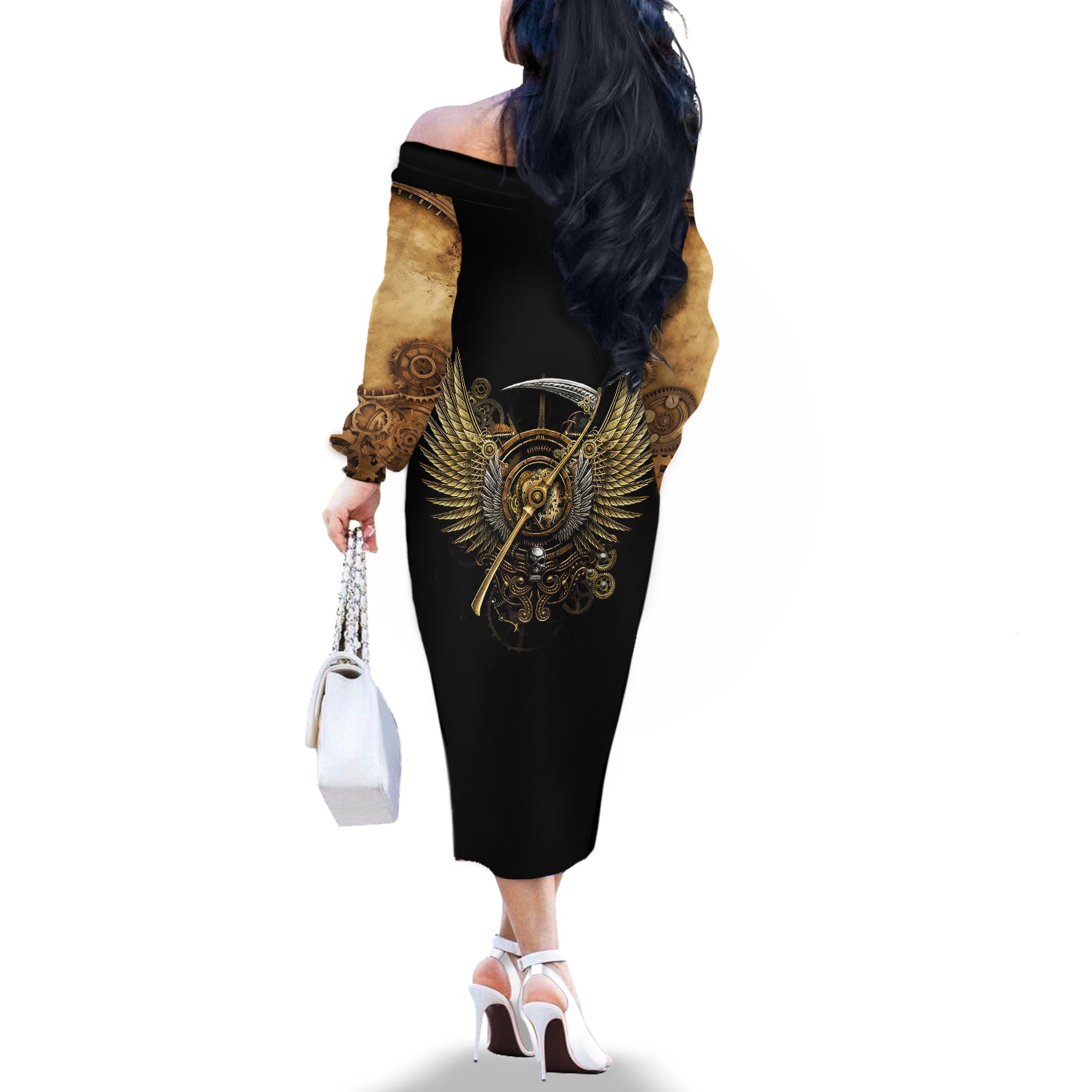 skull-off-the-shoulder-long-sleeve-dress-golden-skull-steampunk