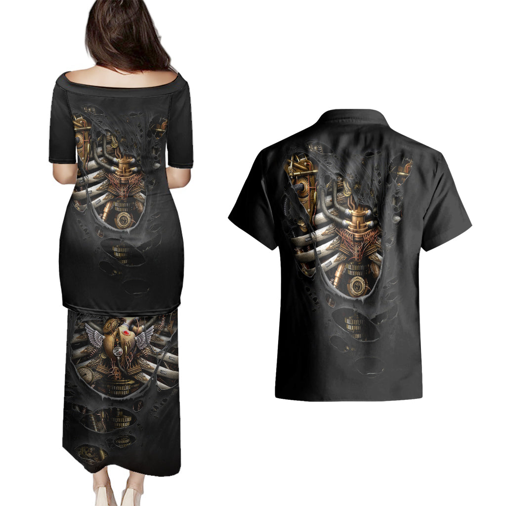 skull-couples-matching-puletasi-dress-and-hawaiian-shirt-skeleton-steampunk-heart-inside