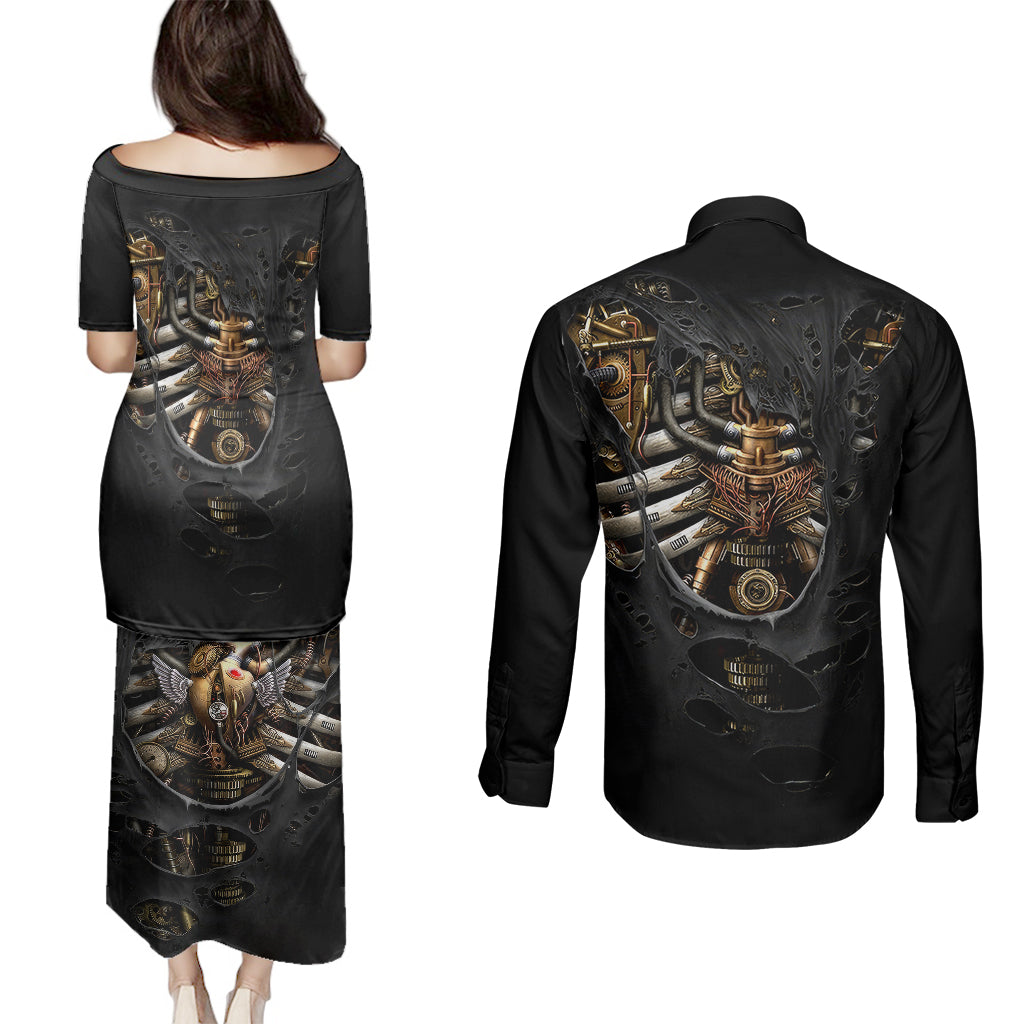 skull-couples-matching-puletasi-dress-and-long-sleeve-button-shirts-skeleton-steampunk-heart-inside
