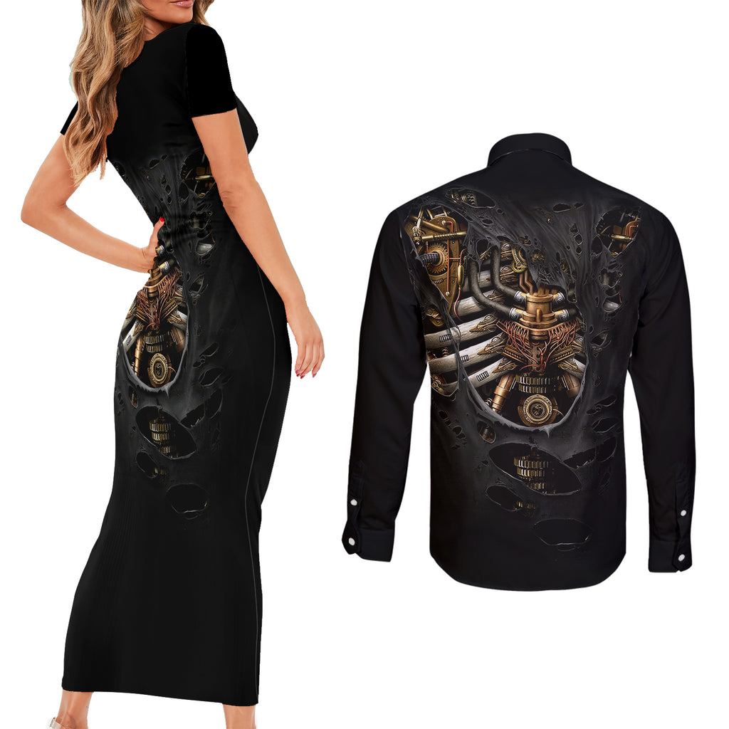 skull-couples-matching-short-sleeve-bodycon-dress-and-long-sleeve-button-shirts-skeleton-steampunk-heart-inside