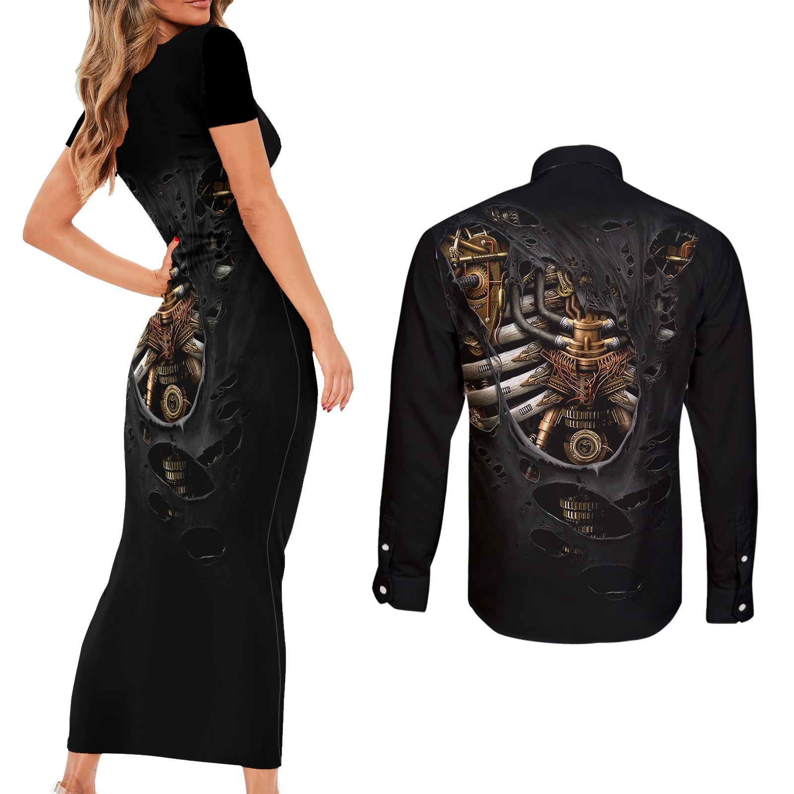 skull-couples-matching-short-sleeve-bodycon-dress-and-long-sleeve-button-shirts-skeleton-steampunk-heart-inside