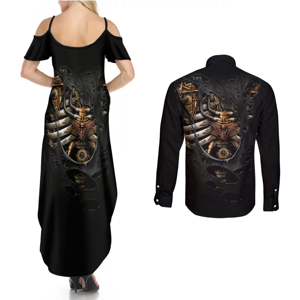 skull-couples-matching-summer-maxi-dress-and-long-sleeve-button-shirts-skeleton-steampunk-heart-inside
