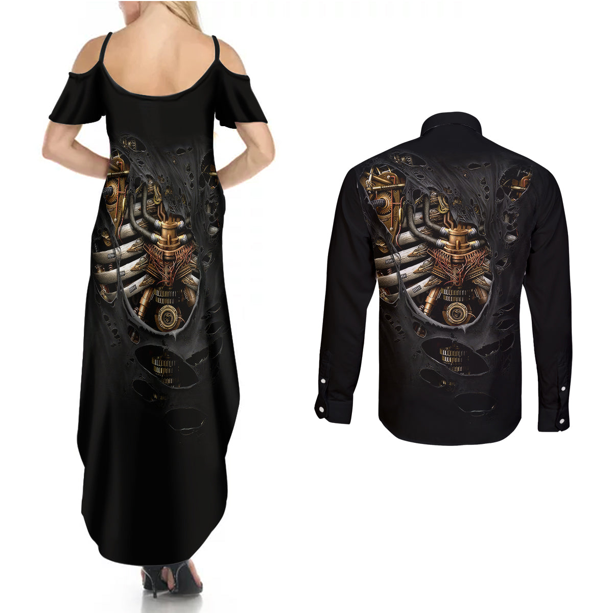 skull-couples-matching-summer-maxi-dress-and-long-sleeve-button-shirts-skeleton-steampunk-heart-inside