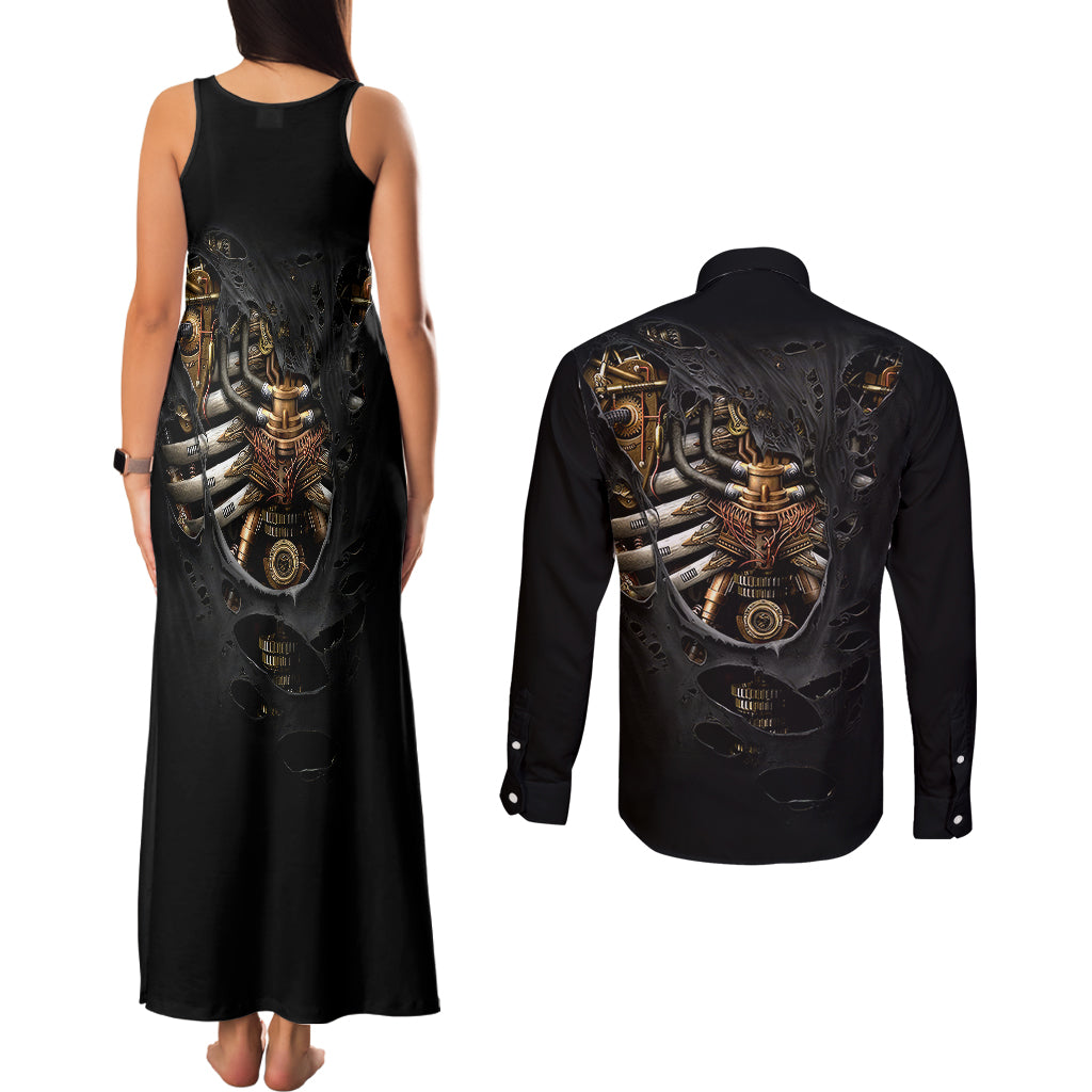 skull-couples-matching-tank-maxi-dress-and-long-sleeve-button-shirts-skeleton-steampunk-heart-inside