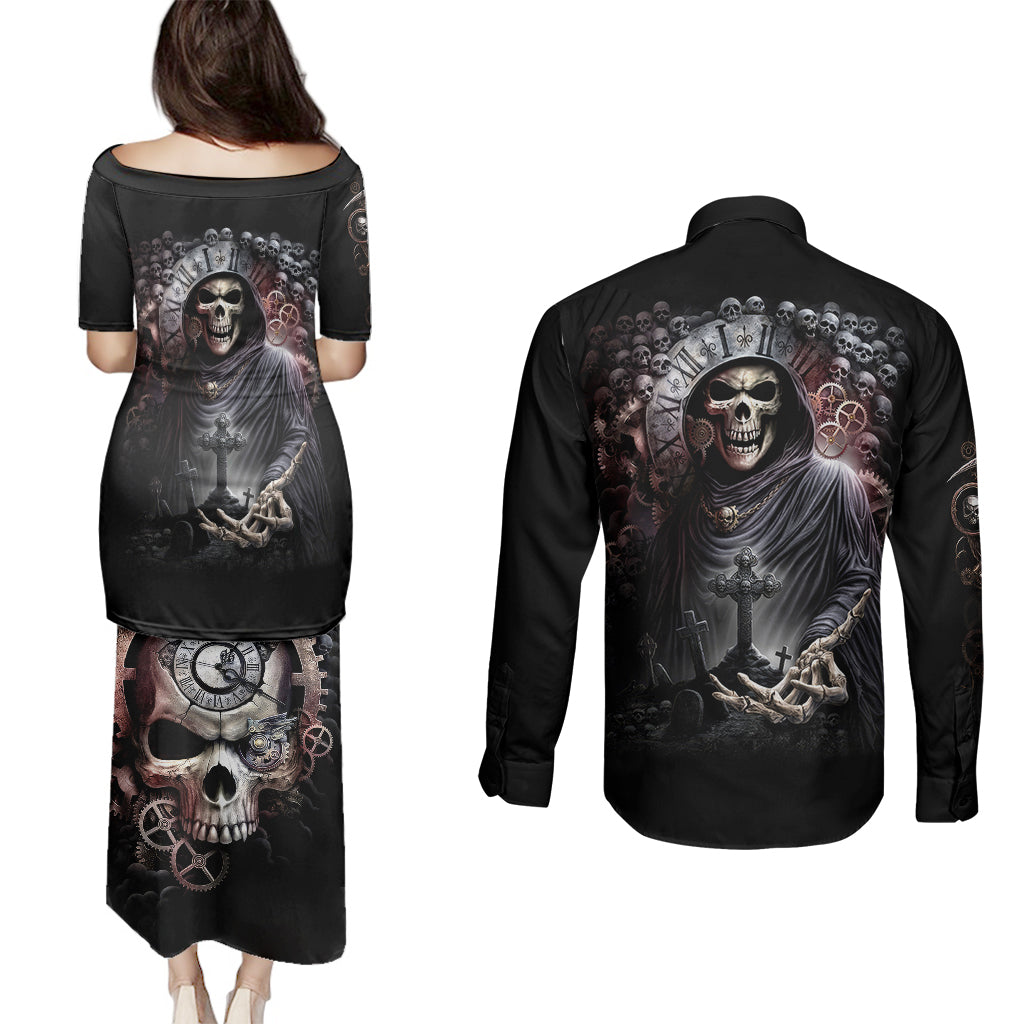 skull-couples-matching-puletasi-dress-and-long-sleeve-button-shirts-skull-grim-time-reaper