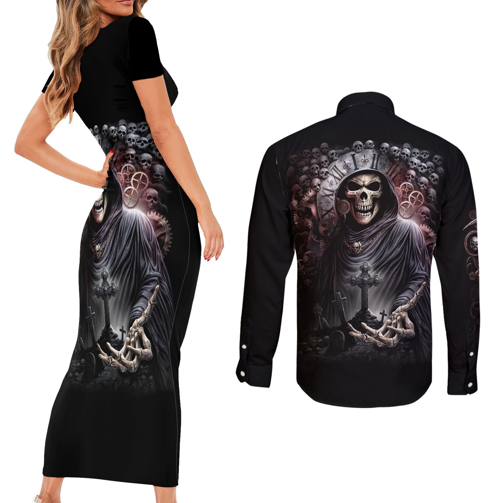 skull-couples-matching-short-sleeve-bodycon-dress-and-long-sleeve-button-shirts-skull-grim-time-reaper
