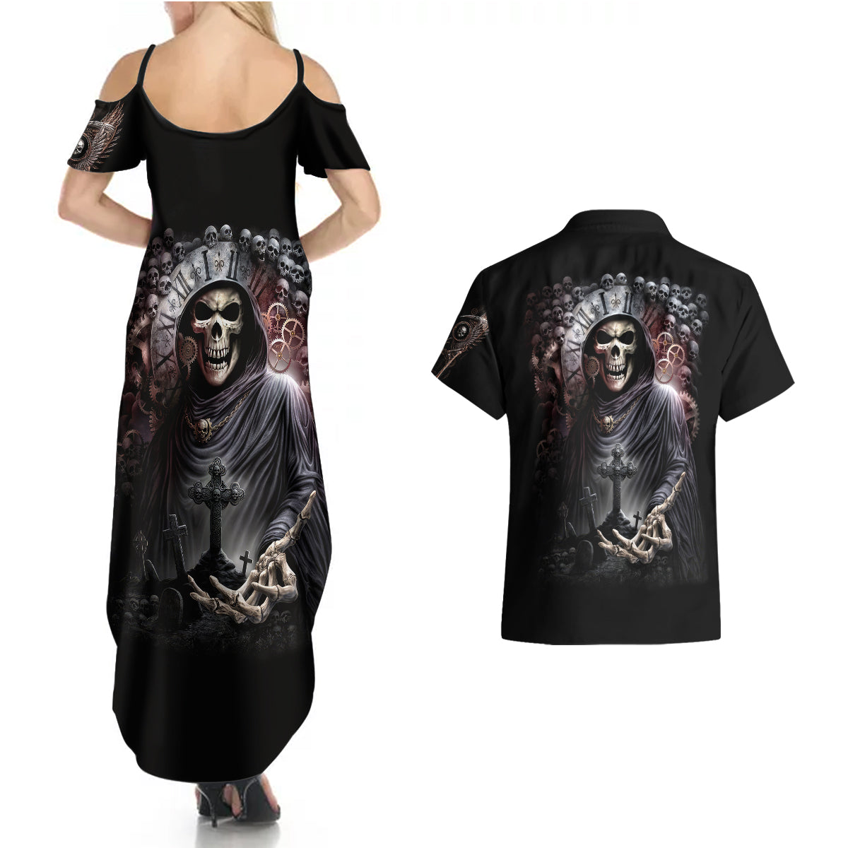 skull-couples-matching-summer-maxi-dress-and-hawaiian-shirt-skull-grim-time-reaper