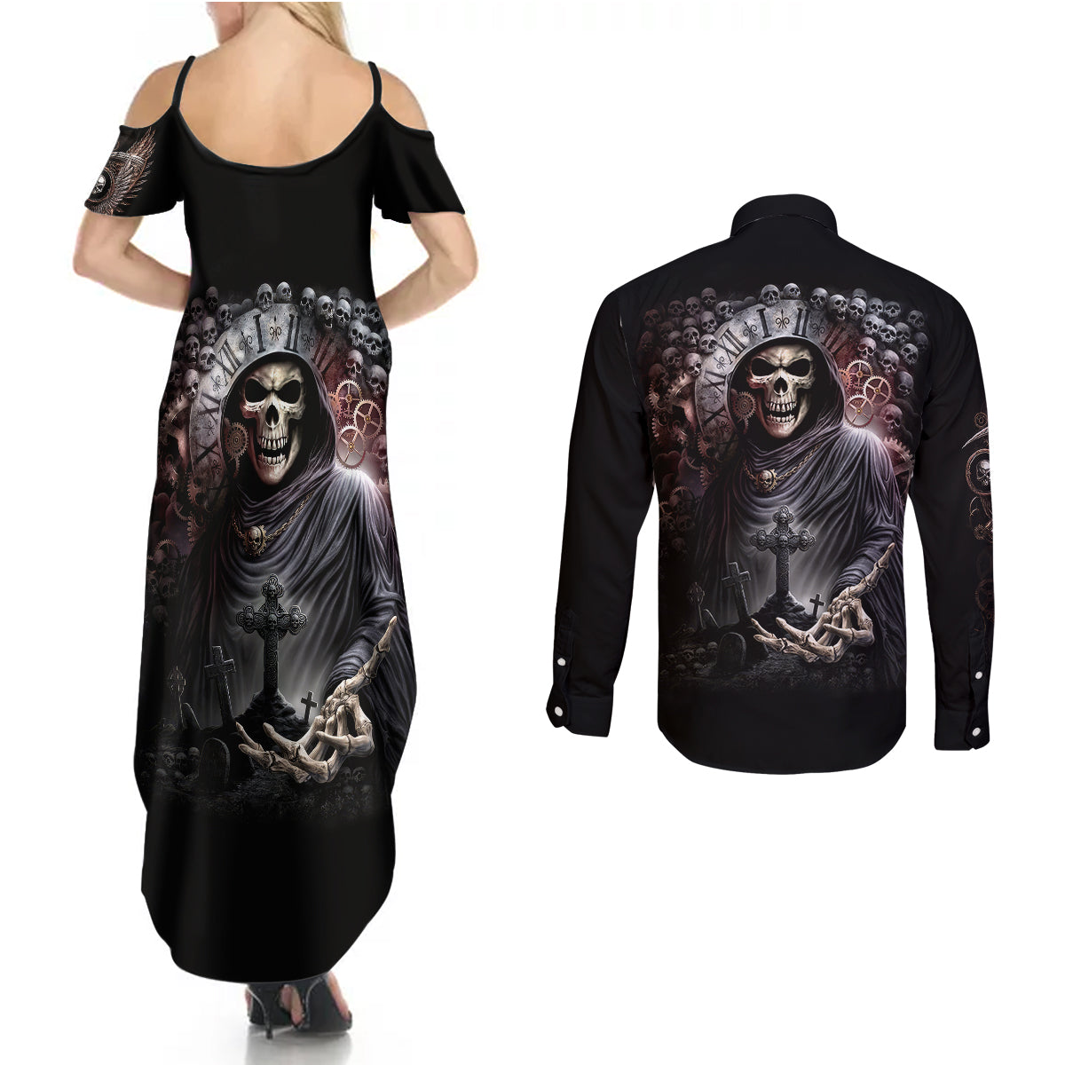 skull-couples-matching-summer-maxi-dress-and-long-sleeve-button-shirts-skull-grim-time-reaper