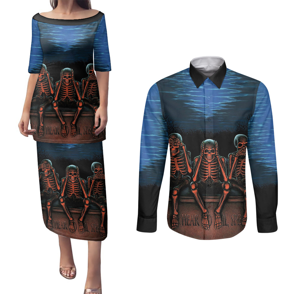 skull-couples-matching-puletasi-dress-and-long-sleeve-button-shirts-three-skeleton-no-see-no-speak-no-hear