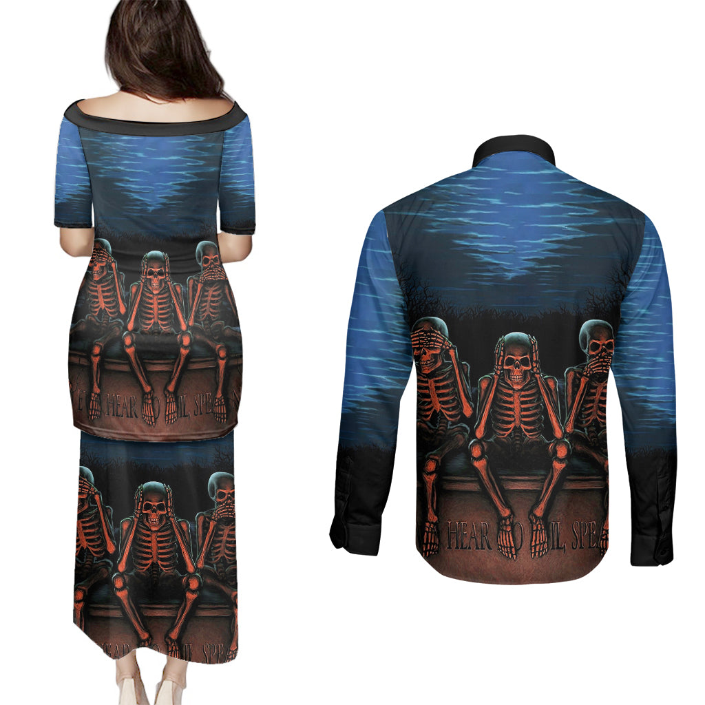skull-couples-matching-puletasi-dress-and-long-sleeve-button-shirts-three-skeleton-no-see-no-speak-no-hear