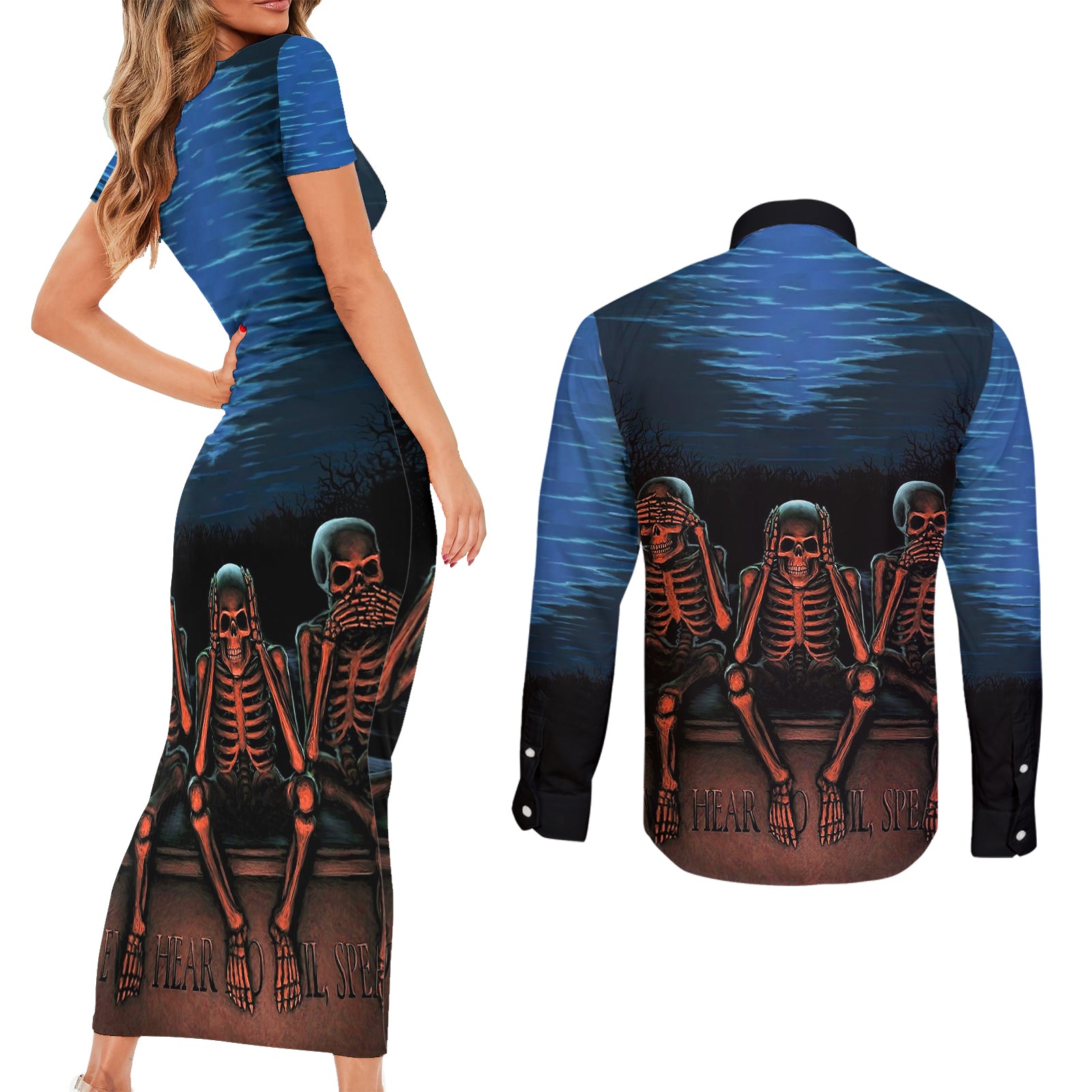 skull-couples-matching-short-sleeve-bodycon-dress-and-long-sleeve-button-shirts-three-skeleton-no-see-no-speak-no-hear