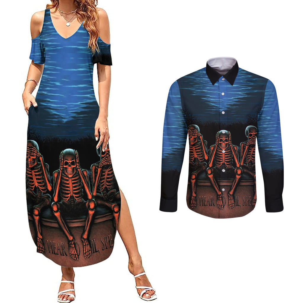 skull-couples-matching-summer-maxi-dress-and-long-sleeve-button-shirts-three-skeleton-no-see-no-speak-no-hear