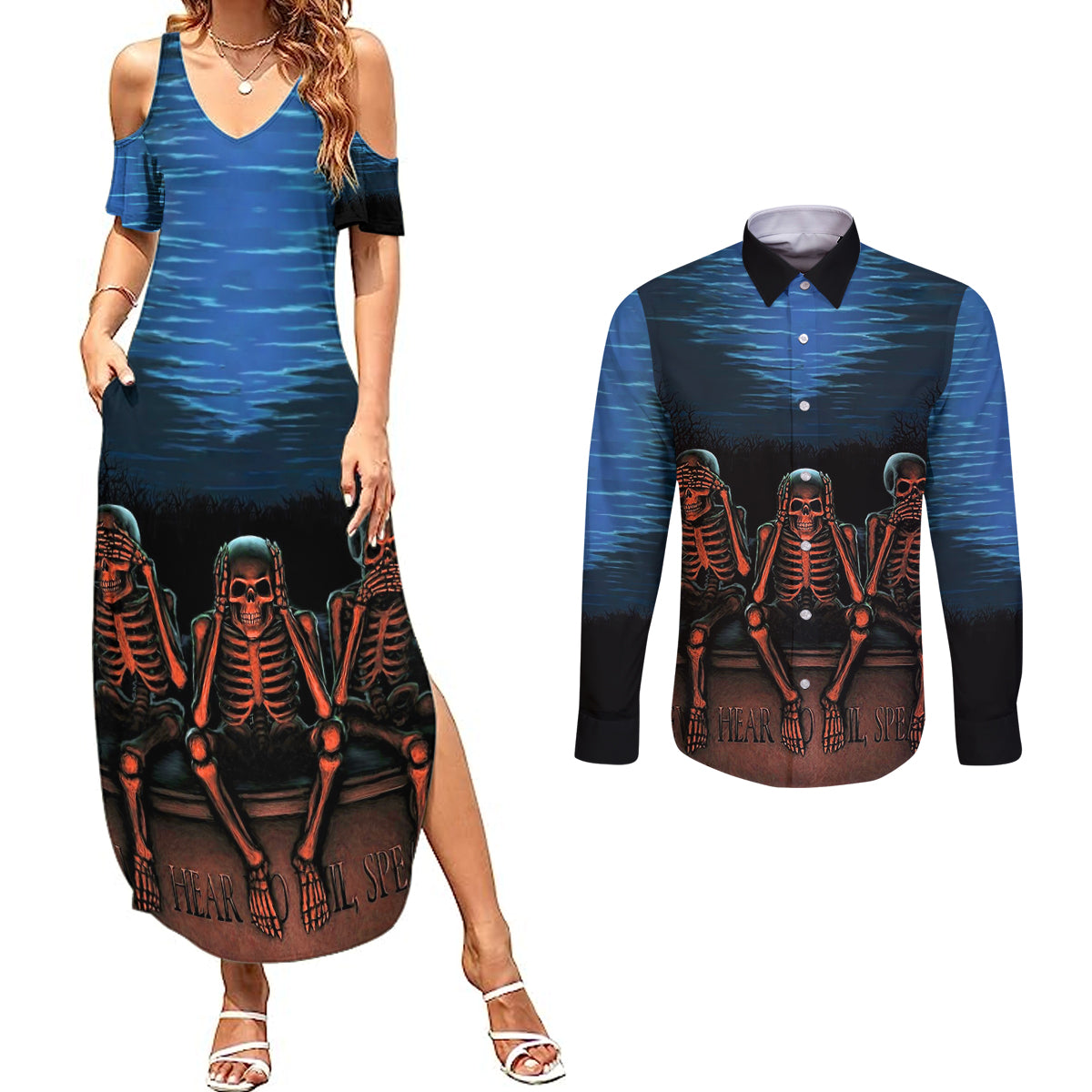 skull-couples-matching-summer-maxi-dress-and-long-sleeve-button-shirts-three-skeleton-no-see-no-speak-no-hear
