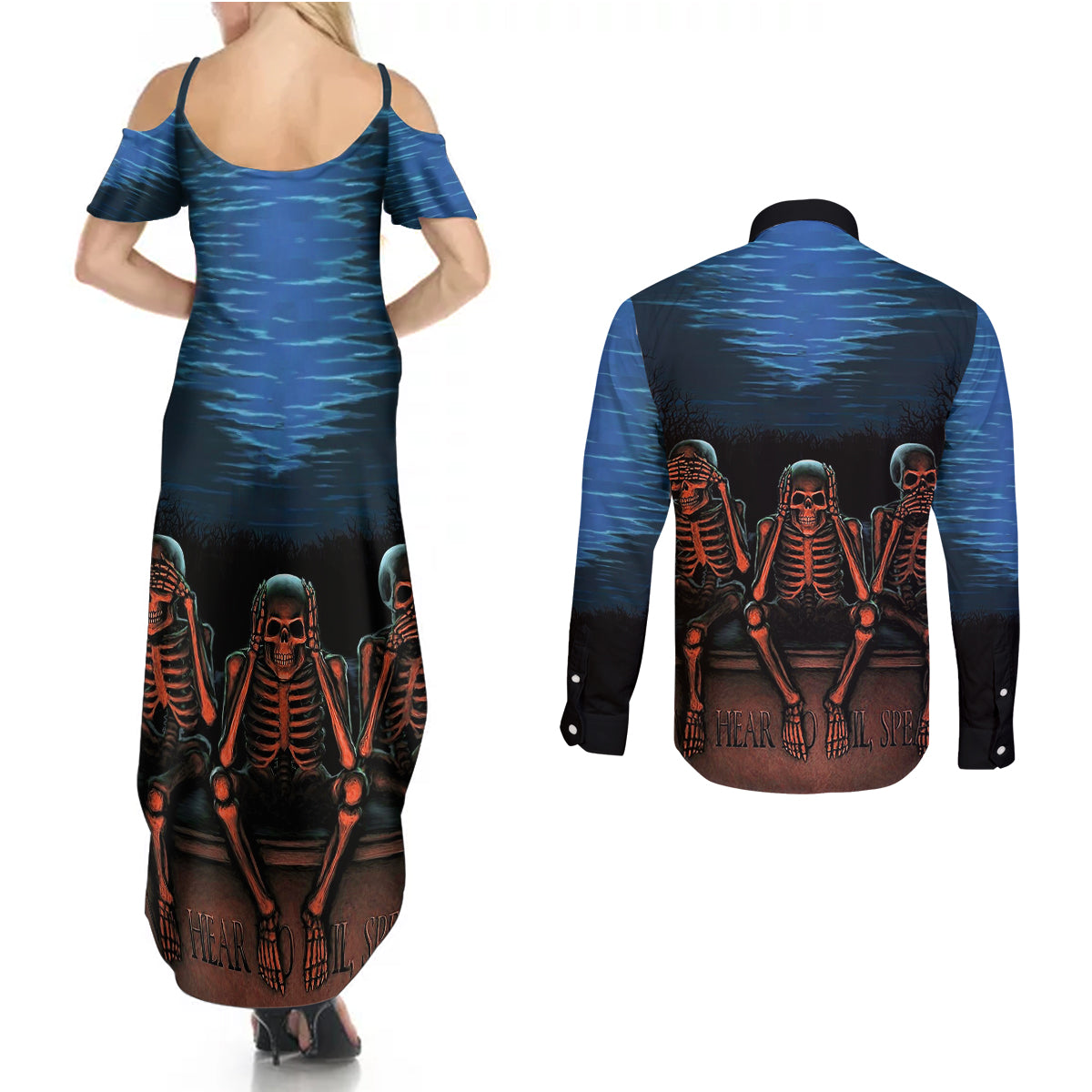 skull-couples-matching-summer-maxi-dress-and-long-sleeve-button-shirts-three-skeleton-no-see-no-speak-no-hear