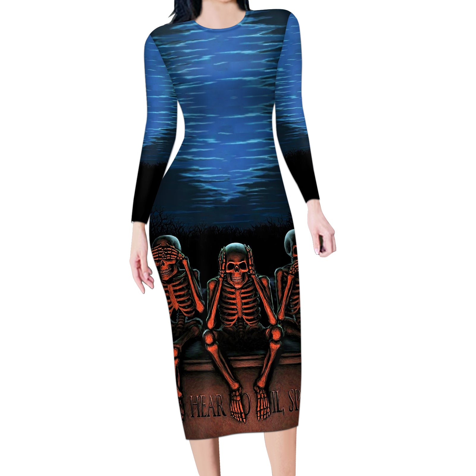 skull-long-sleeve-bodycon-dress-three-skeleton-no-see-no-speak-no-hear