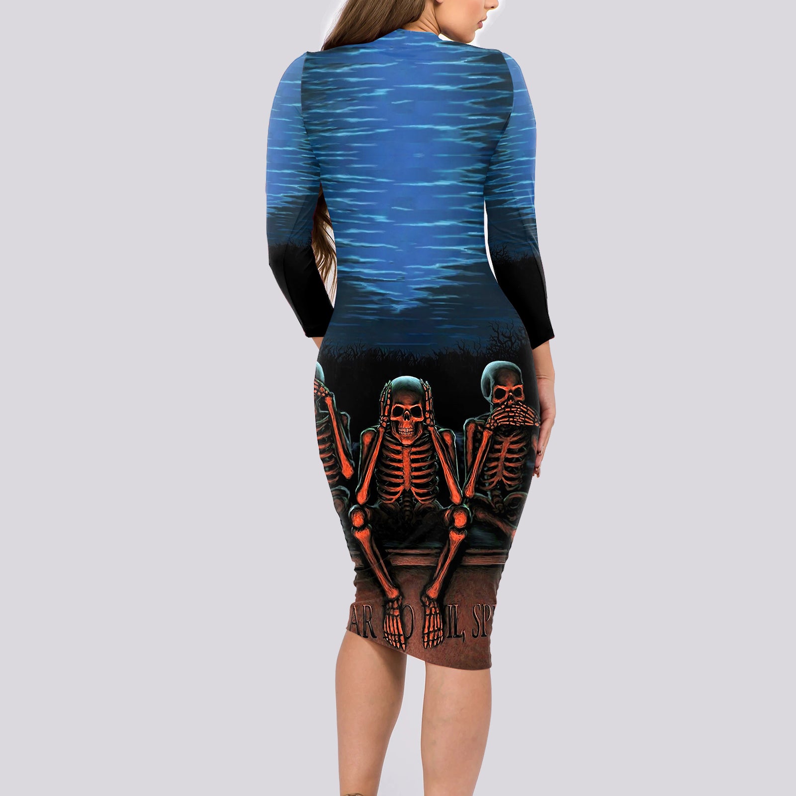 skull-long-sleeve-bodycon-dress-three-skeleton-no-see-no-speak-no-hear